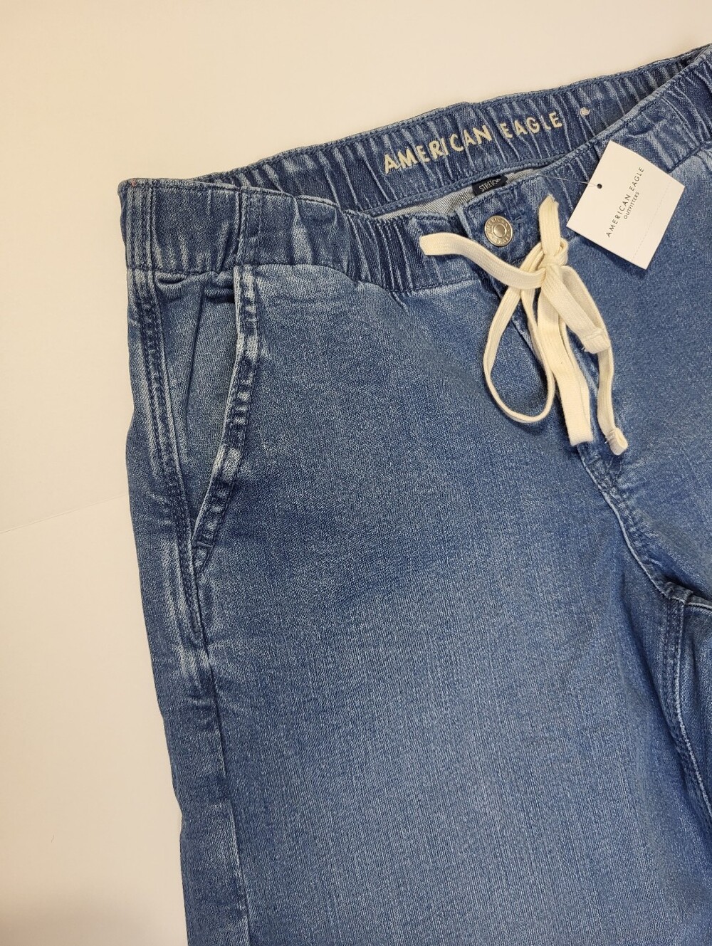 American Eagle Wide Leg Drawstring Pants Jeans Elastic Waist Button XS Short - Picture 10 of 11